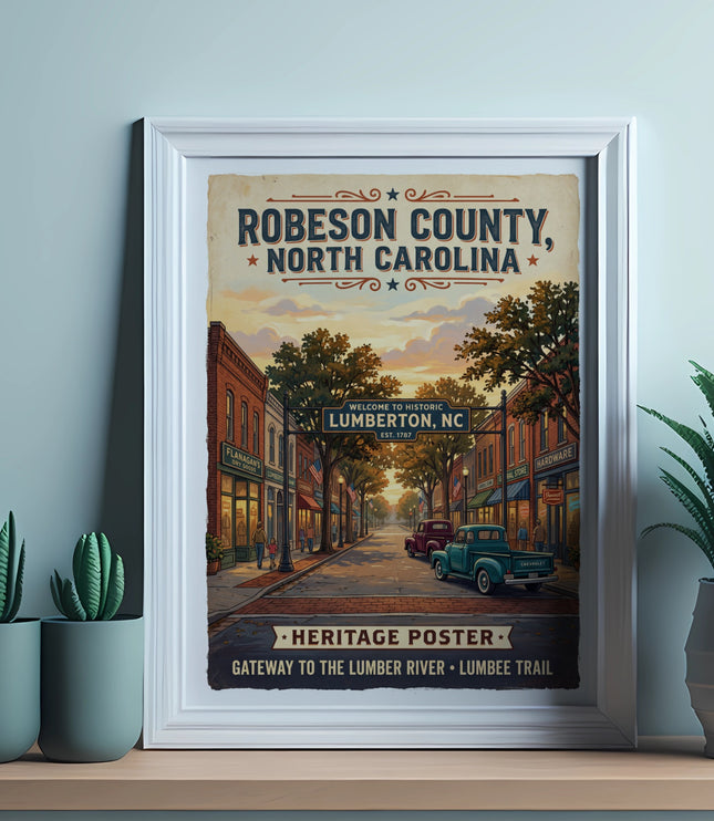 Robeson County North Carolina heritage poster featuring Lumberton street scene and text.