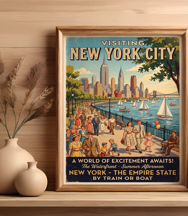 New York City vintage travel poster showing skyline, people, and boats.