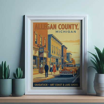 Poster for Allegan County, Michigan, featuring a street scene, vintage car, and "Saugatuck - Art Coast & Lake Shore" text.