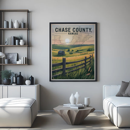 Framed poster of Chase County, Kansas landscape with farmland and buildings.