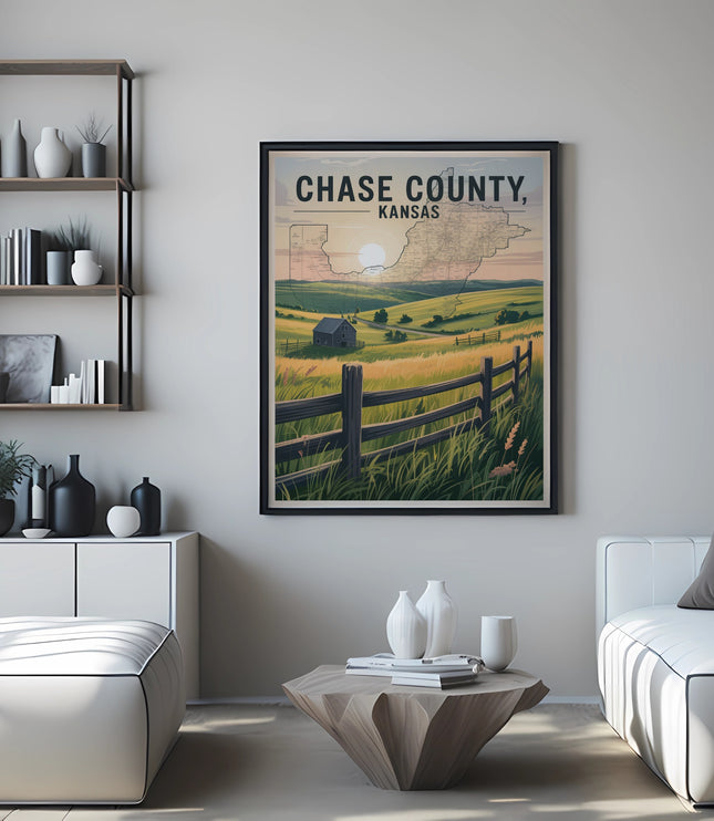 Framed poster of Chase County, Kansas landscape with farmland and buildings.