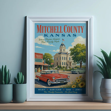 Mitchell County, Kansas vintage poster with town buildings and classic car.