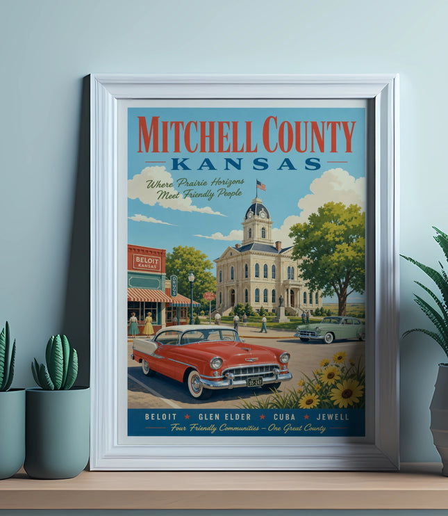 Mitchell County, Kansas vintage poster with town buildings and classic car.