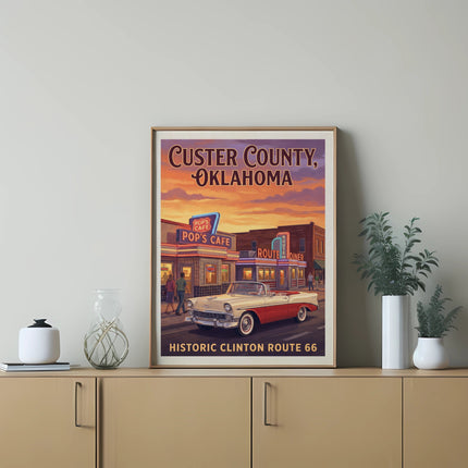 Custer County, Oklahoma poster with vintage diner, classic car, and Route 66 text.