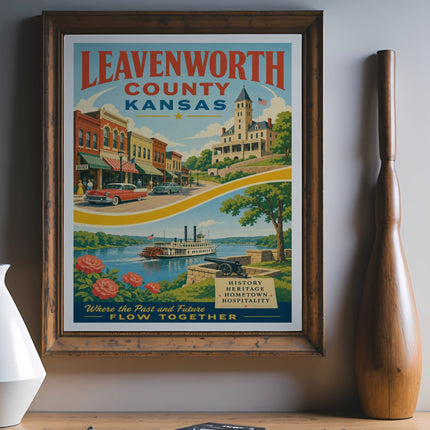 Leavenworth County Kansas historical poster with steamboat and vintage cars.