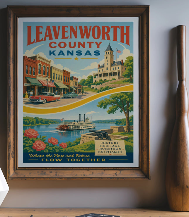Leavenworth County Kansas historical poster with steamboat and vintage cars.
