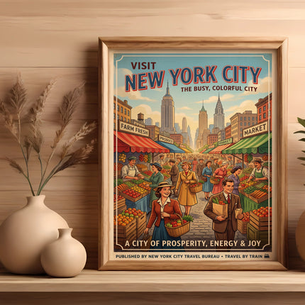 Vintage New York City travel poster of a bustling market scene.
