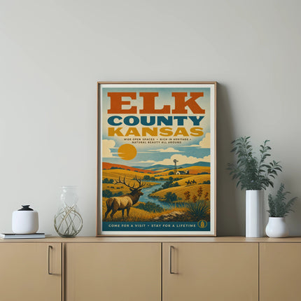 Elk County Kansas travel poster featuring a deer, landscape, and text.