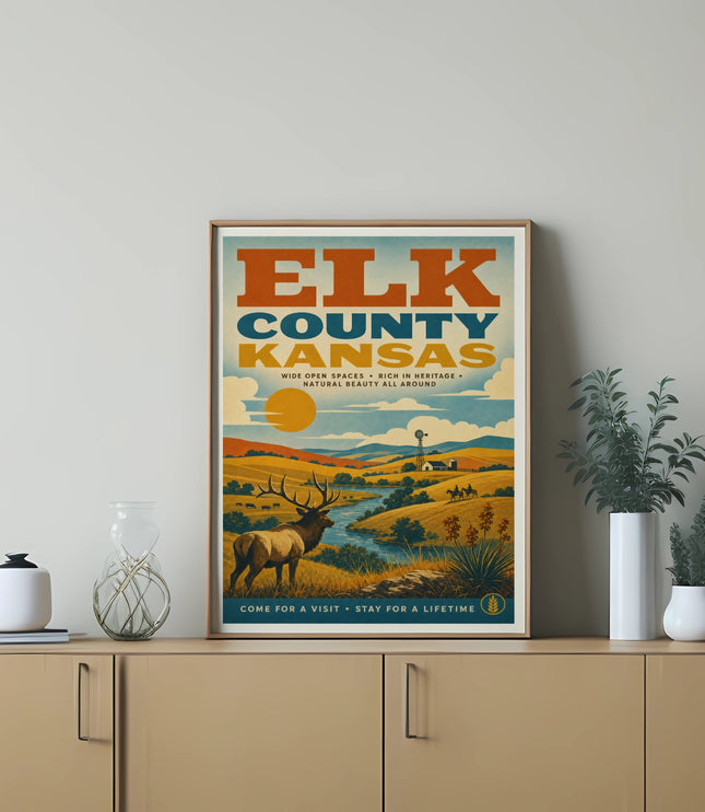 Elk County Kansas travel poster featuring a deer, landscape, and text.