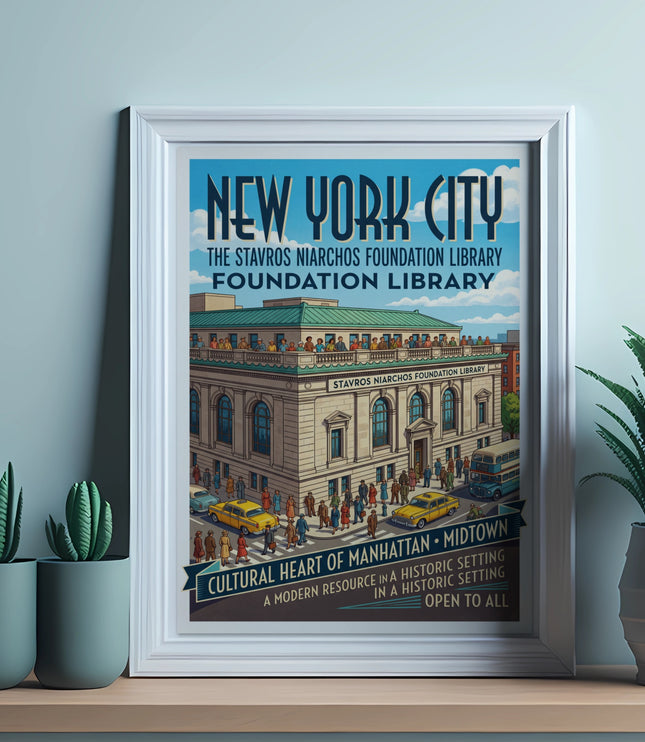 New York City Stavros Niarchos Foundation Library vintage poster with people and cars.