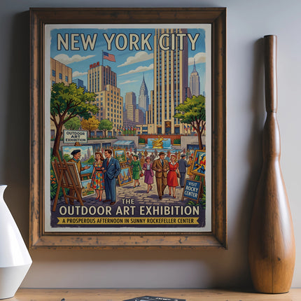 New York City outdoor art exhibition poster with people and buildings.