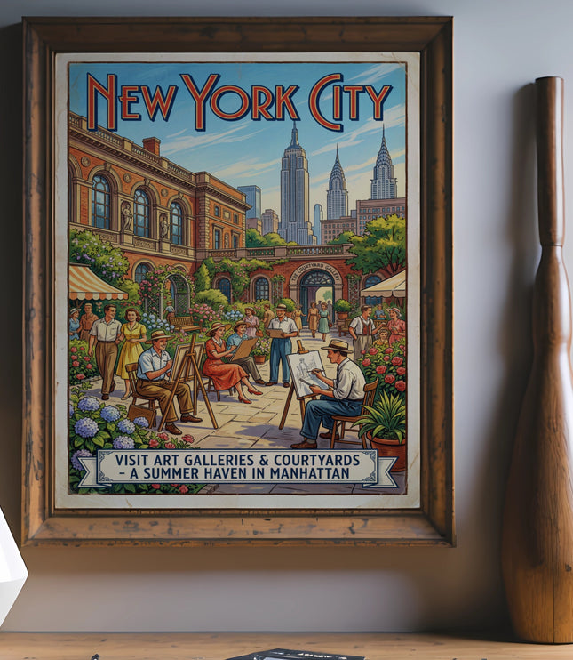 New York City poster with people painting in a courtyard, Empire State Building in background.
