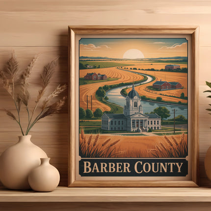 Framed illustration of Barber County courthouse and fields under a sunset.