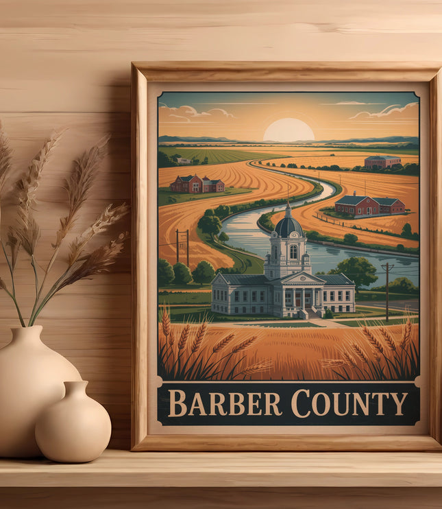 Framed illustration of Barber County courthouse and fields under a sunset.