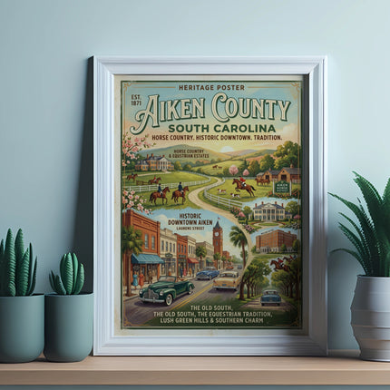 Aiken County South Carolina heritage poster featuring horse country and historic downtown Aiken.