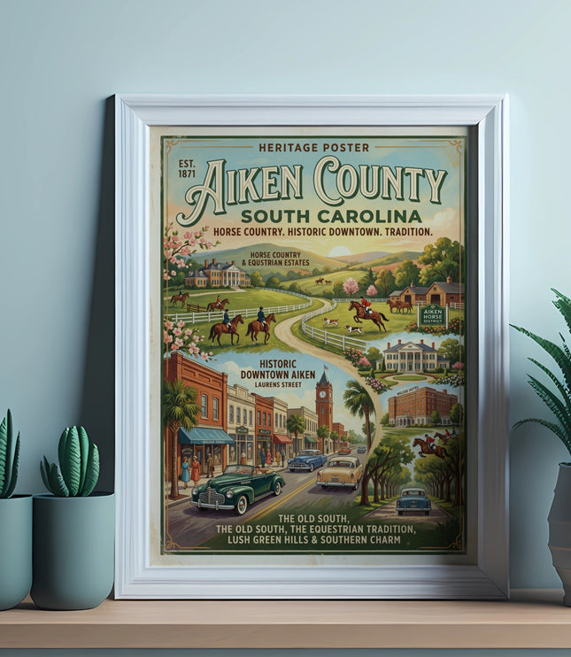 Aiken County South Carolina heritage poster featuring horse country and historic downtown Aiken.