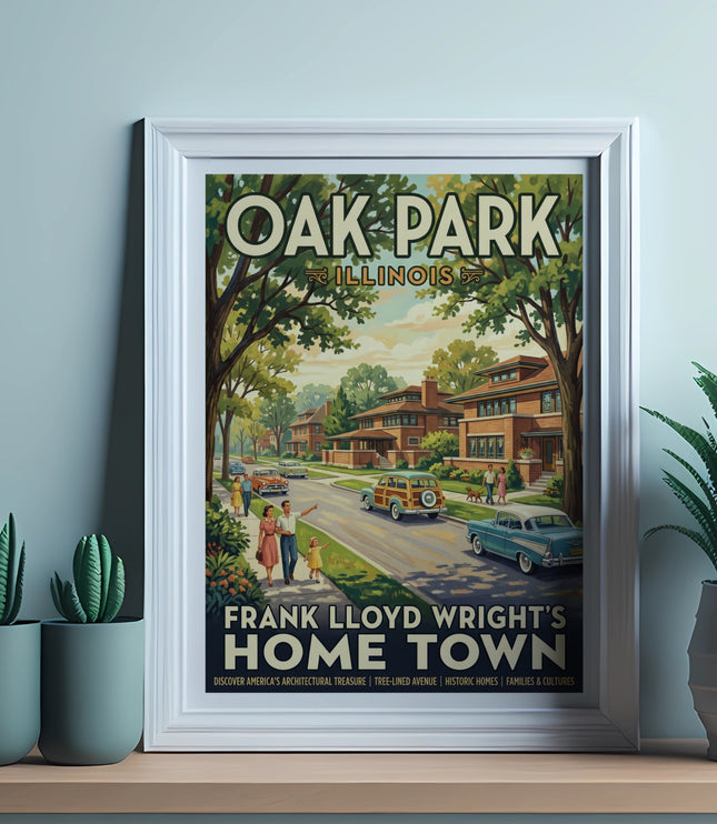 Vintage art print of Oak Park, Illinois, Frank Lloyd Wright's home town.