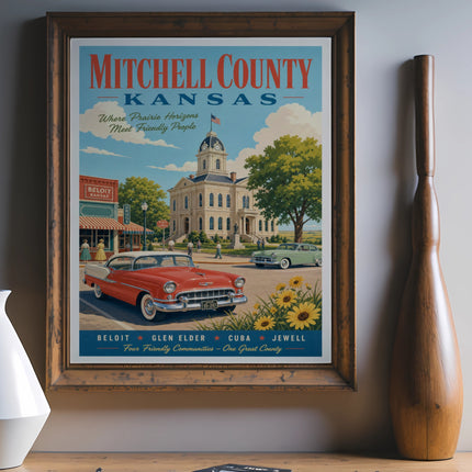 Vintage travel poster for Mitchell County, Kansas, featuring a classic car.