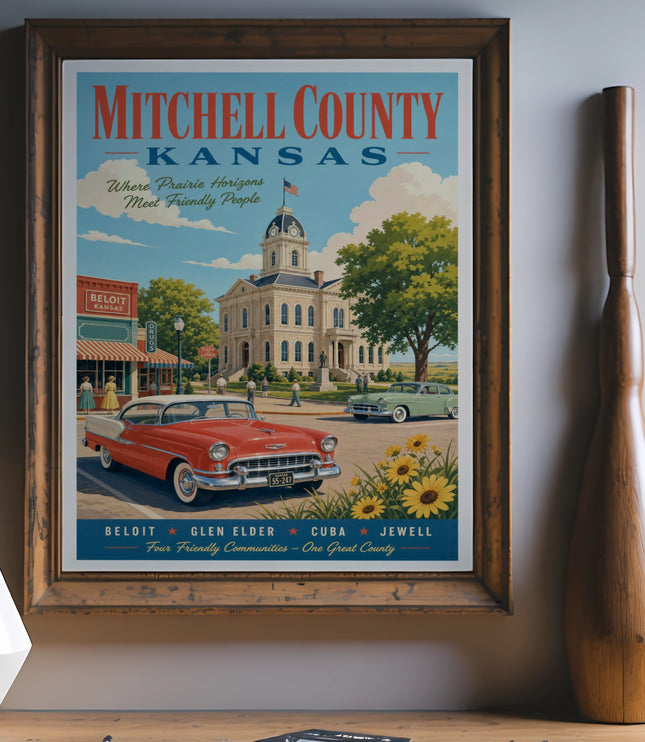 Vintage travel poster for Mitchell County, Kansas, featuring a classic car.