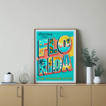 Greetings from Florida, the Sunshine State postcard with vibrant illustrations.