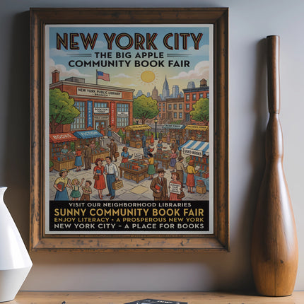 New York City Community Book Fair poster with text and illustrations.