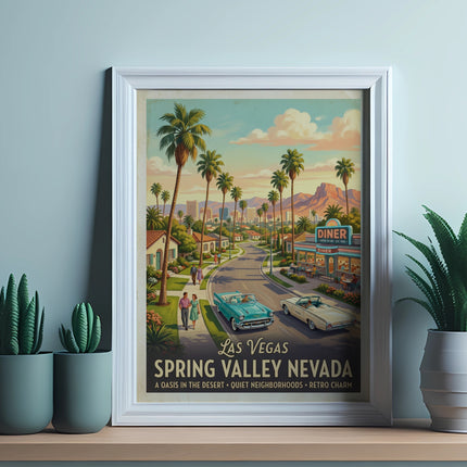 Vintage poster of Spring Valley Nevada with palm trees, cars, and a diner.
