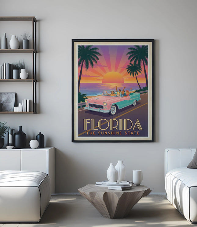 Framed Florida The Sunshine State poster with convertible and palm trees at sunset.