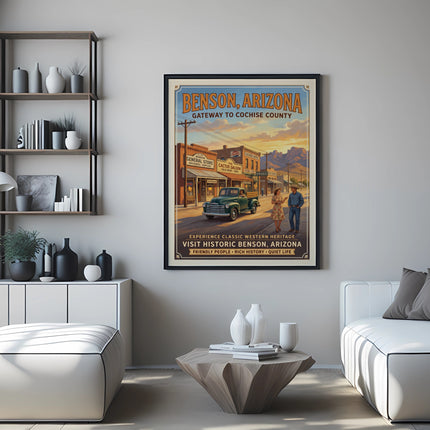 Benson, Arizona travel poster showing historic buildings, a vintage truck, and mountain scenery.