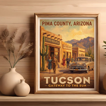 Pima County, Arizona poster with Tucson Mercantile, vintage car, and people.