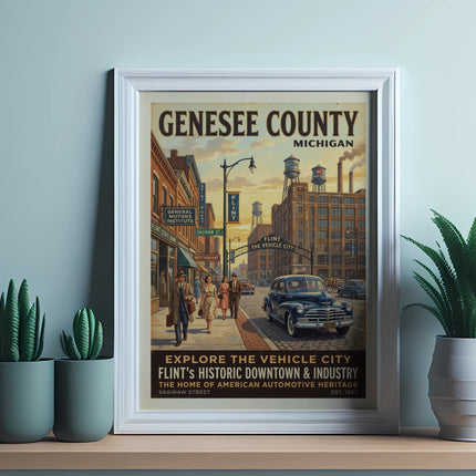 Genesee County Michigan vintage poster with Flint's historic downtown and automotive industry.