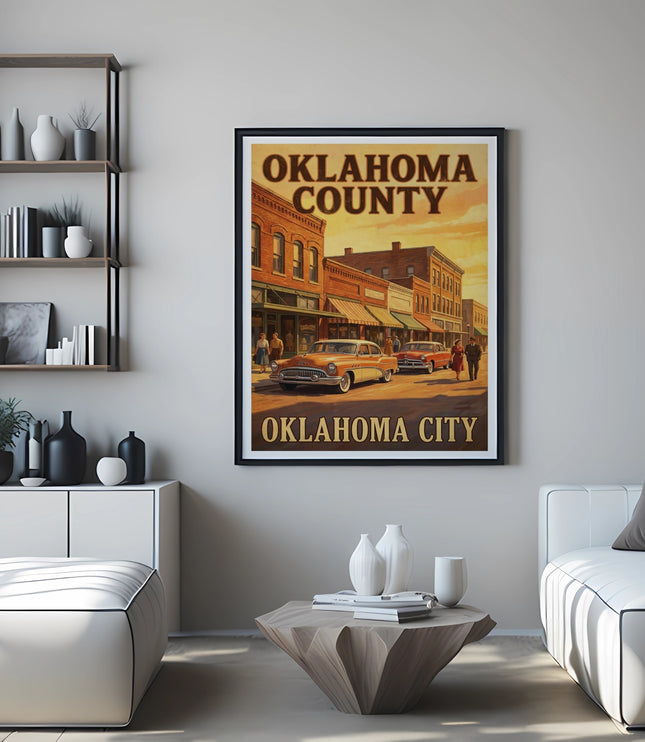 Vintage travel poster for Oklahoma County features classic cars and buildings.
