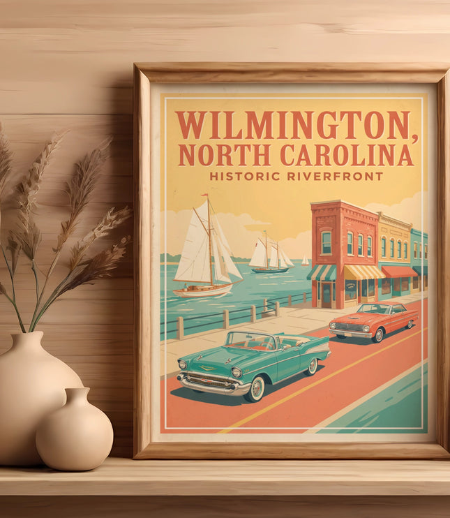 Framed vintage poster of Wilmington, North Carolina Historic Riverfront with cars and boats.