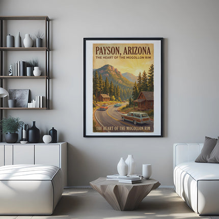 Vintage Payson, Arizona poster with mountains, trees, and cars on a road.