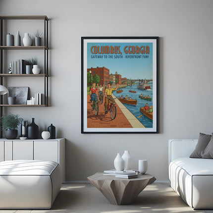 Columbus, Georgia: Gateway to the South - Riverfront Fun poster featuring cyclists and boats.