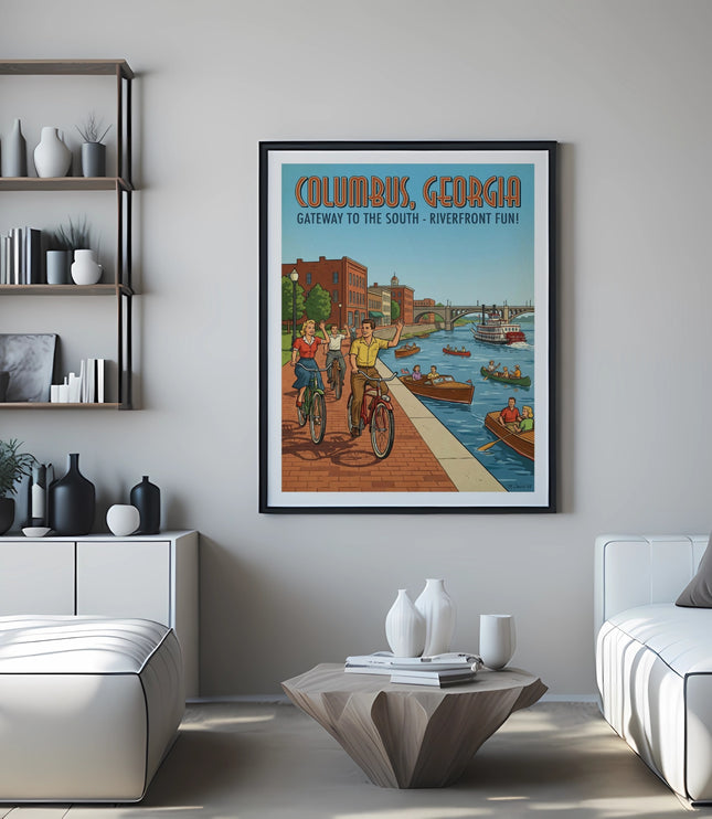 Columbus, Georgia: Gateway to the South - Riverfront Fun poster featuring cyclists and boats.