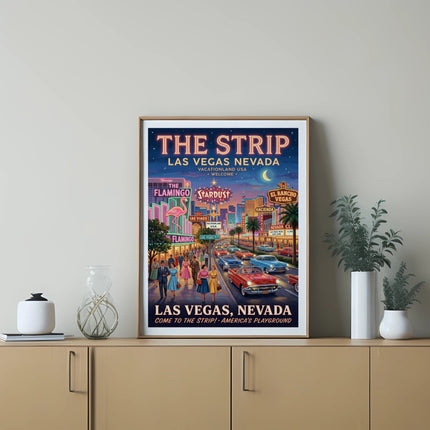 Vintage poster of Las Vegas Strip with retro cars, people, and glowing neon signs.