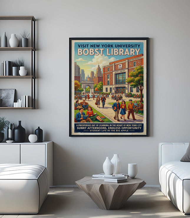 New York University Bobst Library vintage travel poster depicting students and cityscape.