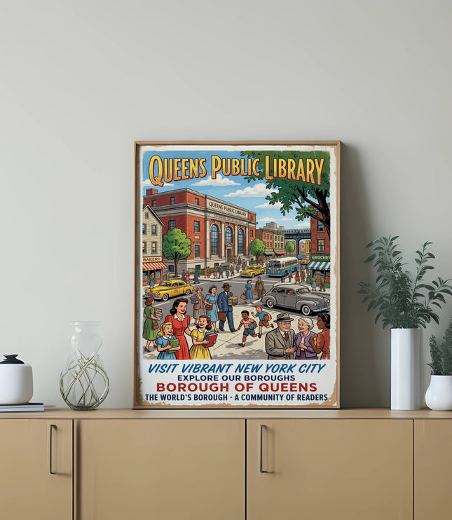 Queens Public Library poster with vintage style illustration and text.