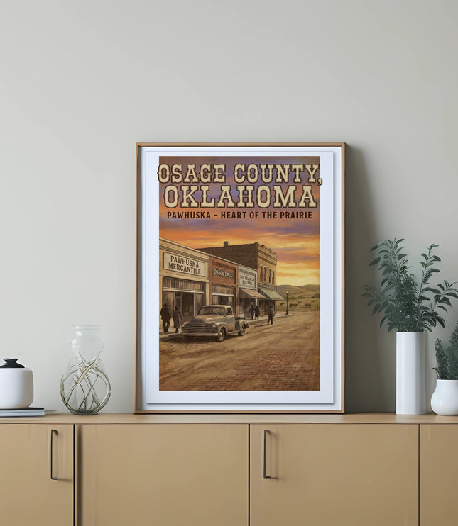Poster of Osage County, Oklahoma, Pawhuska, with vintage storefronts and truck.
