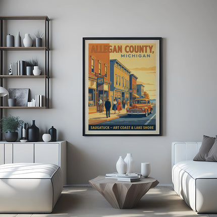 Alleggan County, Michigan poster featuring vintage buildings and car, Saugatuck Art Coast Lake Shore.