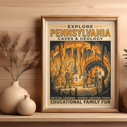 Explore Pennsylvania Caves & Geology poster featuring families and geological formations.