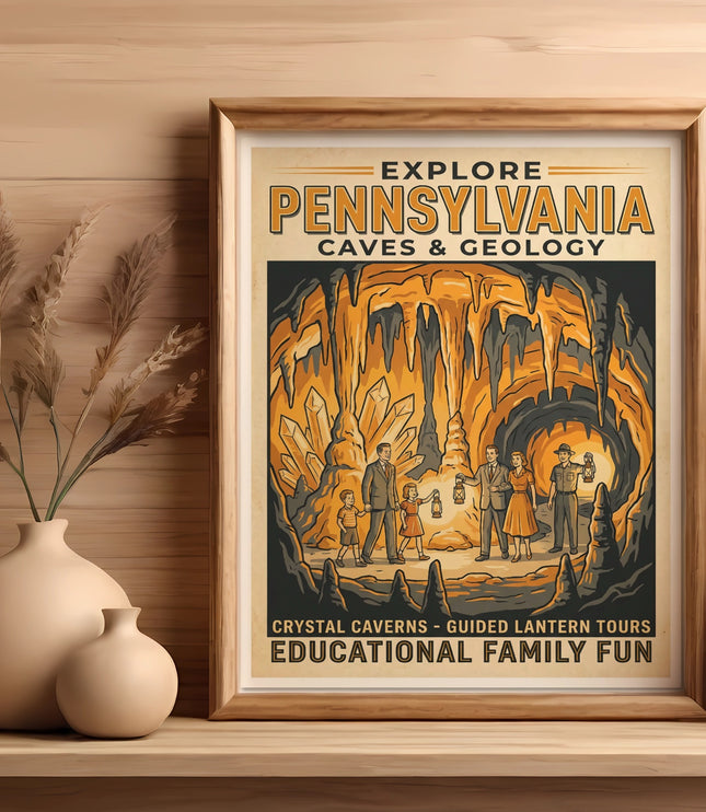 Explore Pennsylvania Caves & Geology poster featuring families and geological formations.