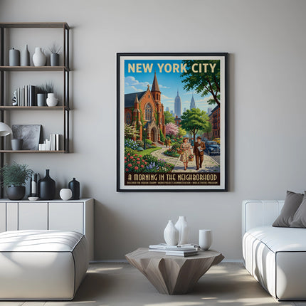 New York City poster featuring a street scene with buildings and people.