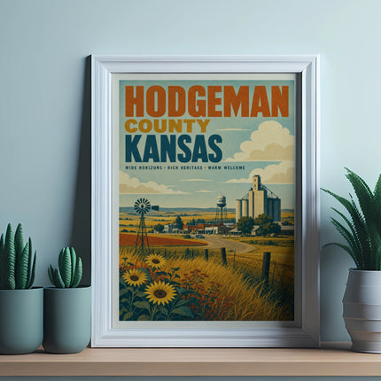 Framed artwork of Hodgeman County, Kansas landscape with farm buildings and sunflowers.