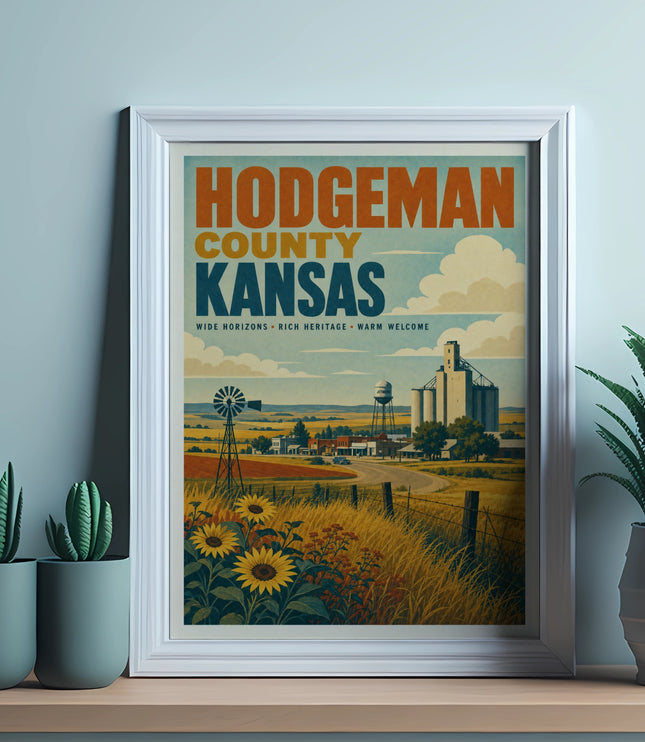 Framed artwork of Hodgeman County, Kansas landscape with farm buildings and sunflowers.
