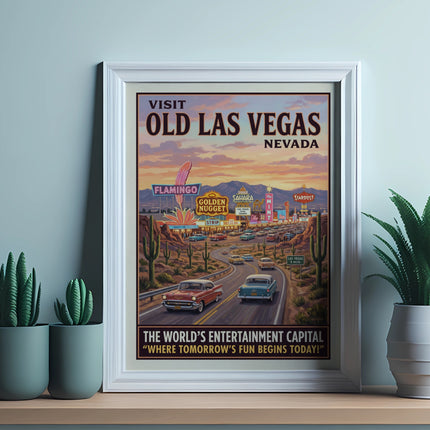 Vintage poster showing "Visit Old Las Vegas Nevada" with casinos and classic cars.