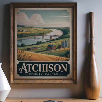 Vintage Atchison County, Kansas poster with river, farm, and silos.