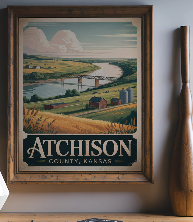 Vintage Atchison County, Kansas poster with river, farm, and silos.
