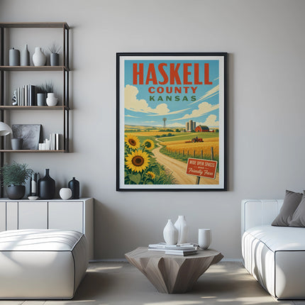 Haskell County Kansas travel poster with sunflowers, farm, and text.