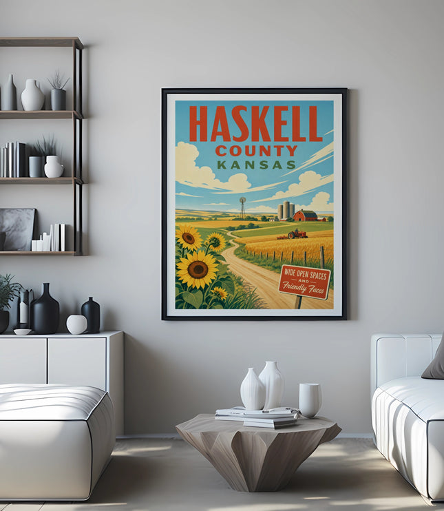 Haskell County Kansas travel poster with sunflowers, farm, and text.